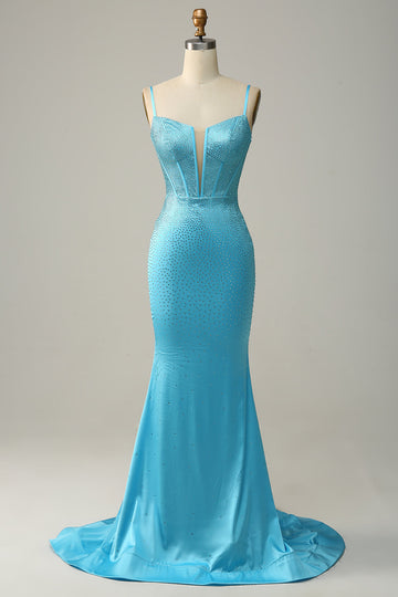 Sirena Tirantes de Espagueti Azul Vestido de Fiesta Con Cuentas